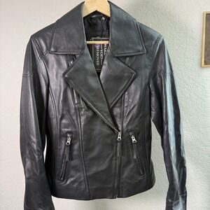 BLINGSOUL Women's Black Real Leather Moto Biker Jacket Size S